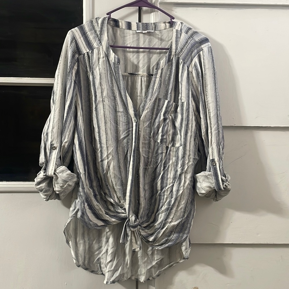 Striped button down blouse with front knot
